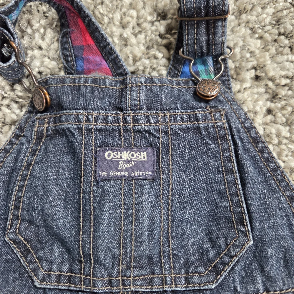 OshKosh B'gosh Denim Plaid Overalls One-Piece 18M Blue Red Green Button